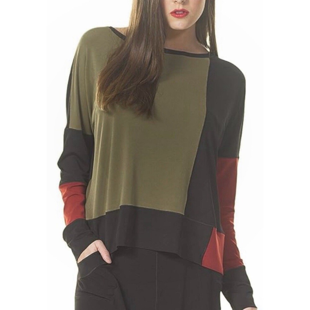 Eva Varro Kabuki Colorblock Top Size S Olive Combo Long Sleeve Boxy Stretch NWT